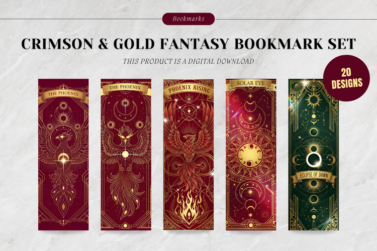 Crimson & Gold Celestial Bookmark Set|Phoenix,Lion,Wolf