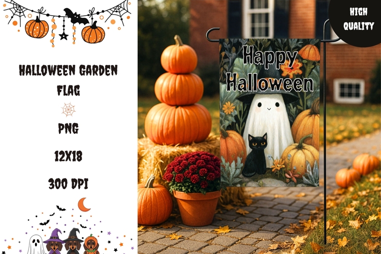 Cartoon Ghost Garden Flag, Halloween Black Cat Garden Flag