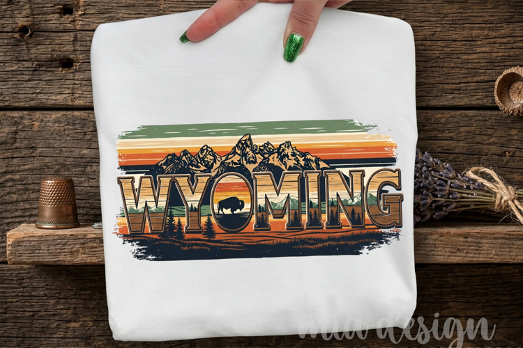 Wyoming State PNG, Vintage Mountain Bison Sublimation example image 1