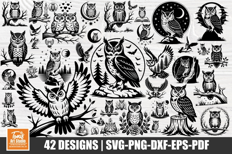 Black owl SVG bundle with 42 designs featuring owls, moons, stars, and nature elements.