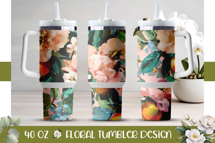 Floral Tumbler PNG, Pink Peony 40 Oz Tumbler Template