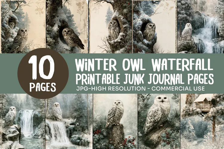 Winter Owl Waterfall Junk Journal Pages