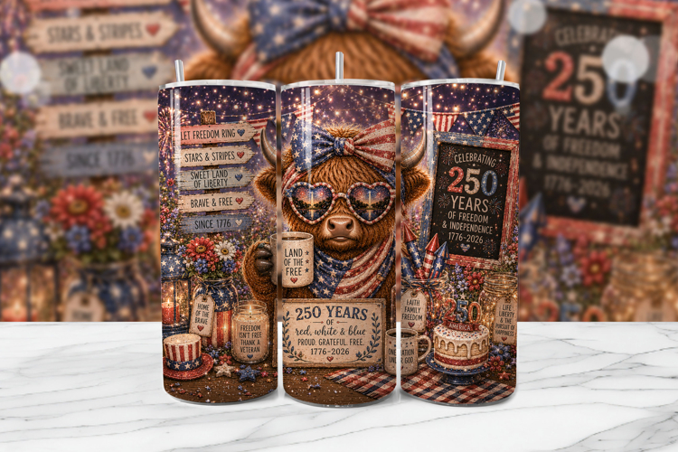 Patriotic Highland Cow Tumbler PNG