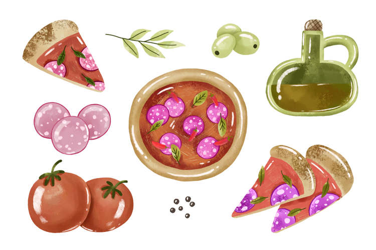 Cartoon Pizza Food Illustration. Kitchen. Hand Drawn