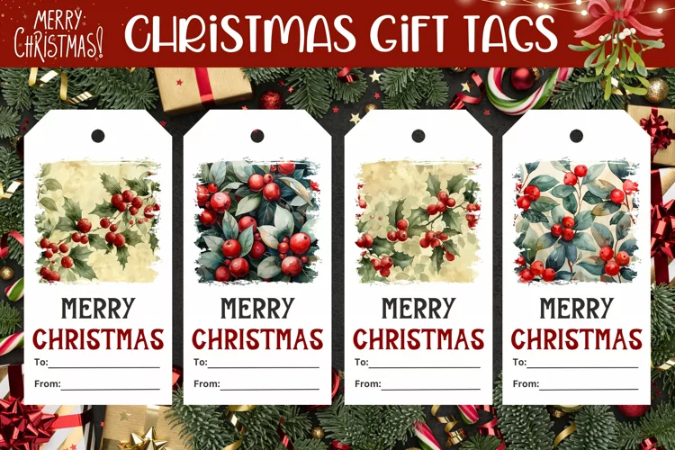 Watercolor FLowers Gift Tags, Christmas Berries Gift Tag