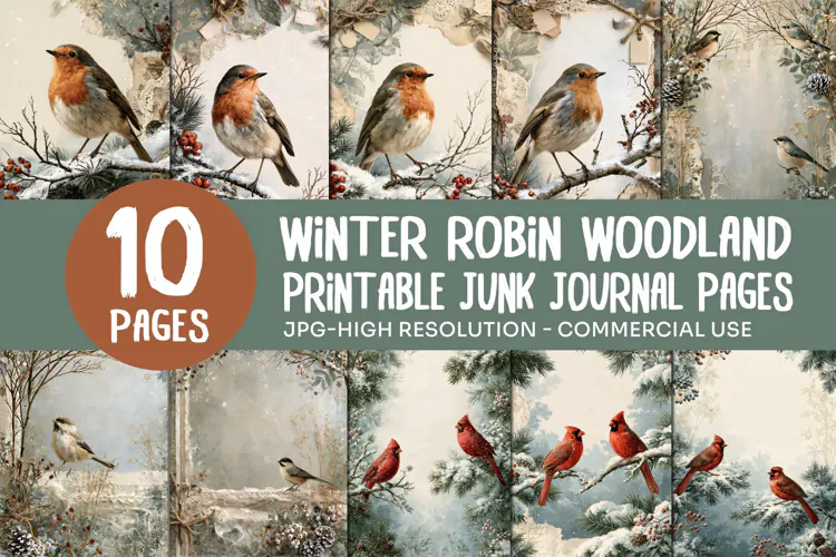 Winter Robin Woodland Junk Journal Pages