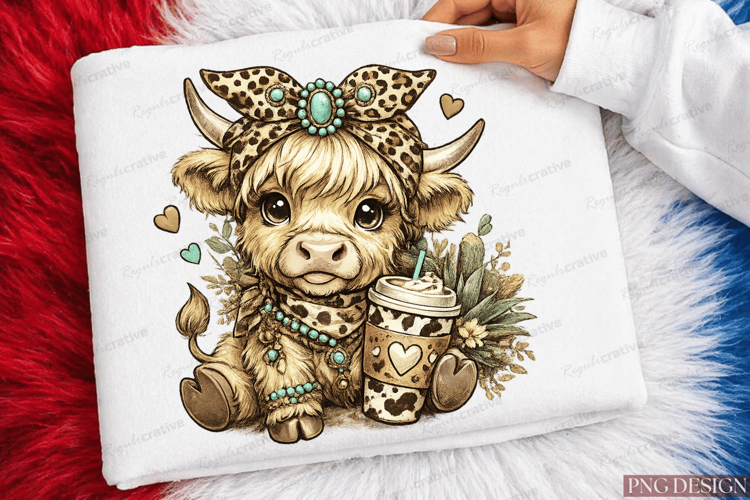 Cute Highland Cow PNG Design | Boho Cow Coffee Sublimation
