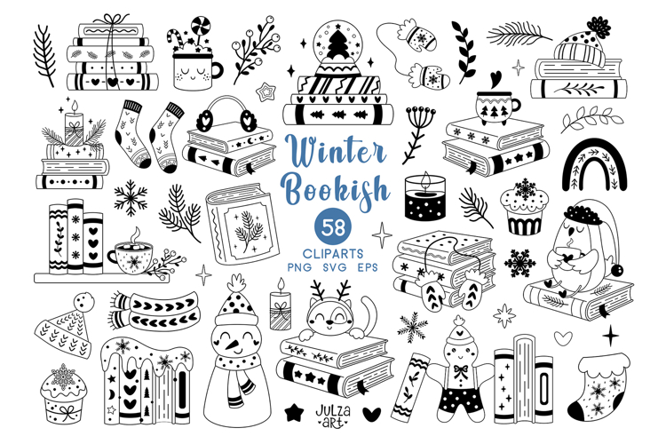 Winter Books Clipart, Black Bookish Png, Book Lover Svg