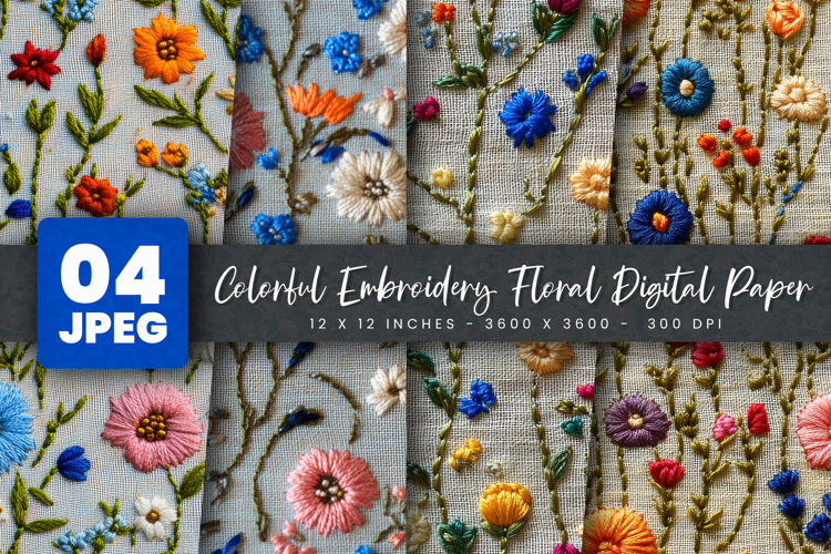 Colorful Embroidery Floral Digital Paper