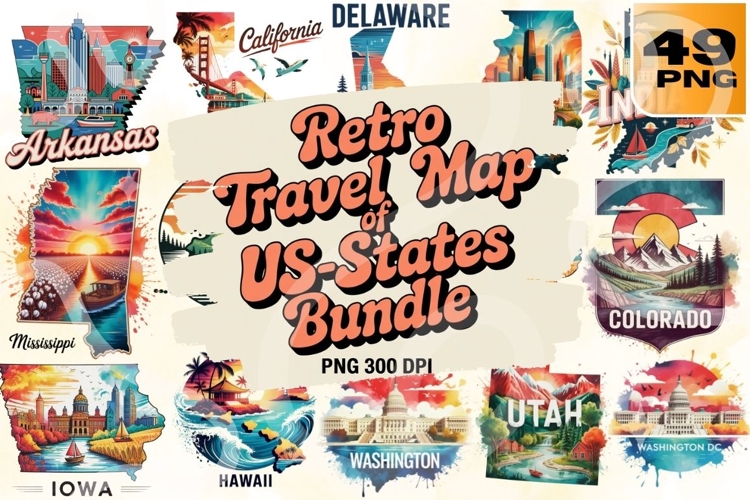 Vintage Roadtrip Retro US State Travel Map PNG Pack
