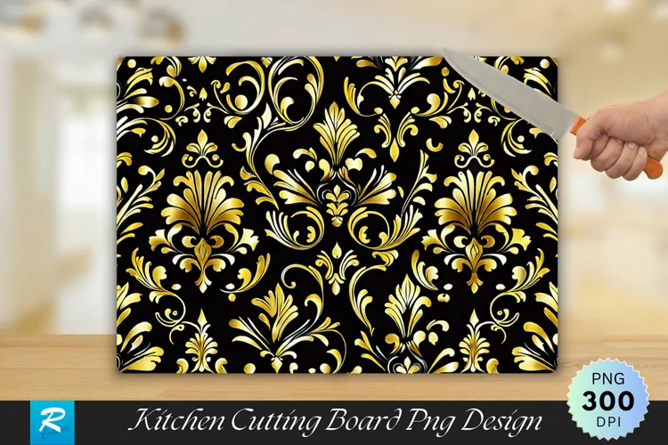 Gold and Black Damask Cutting Board Sublimation Design