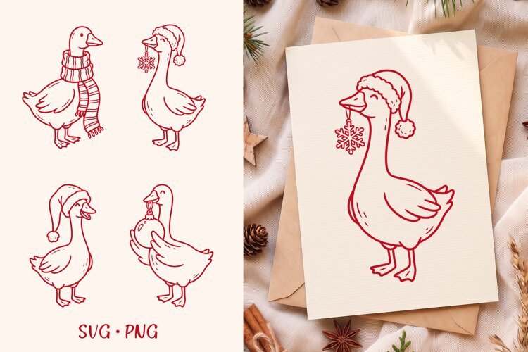 Christmas Goose SVG, Cute Winter Goose Line Art Clipart PNG example image 1