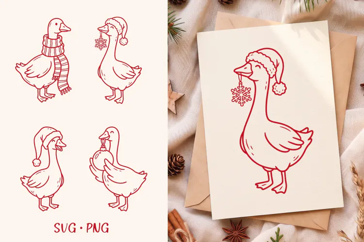 Christmas Goose SVG, Cute Winter Goose Line Art Clipart PNG