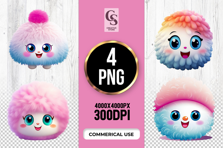 Cute Fluffy Pom Pom Face Clipart Sublimation PNG