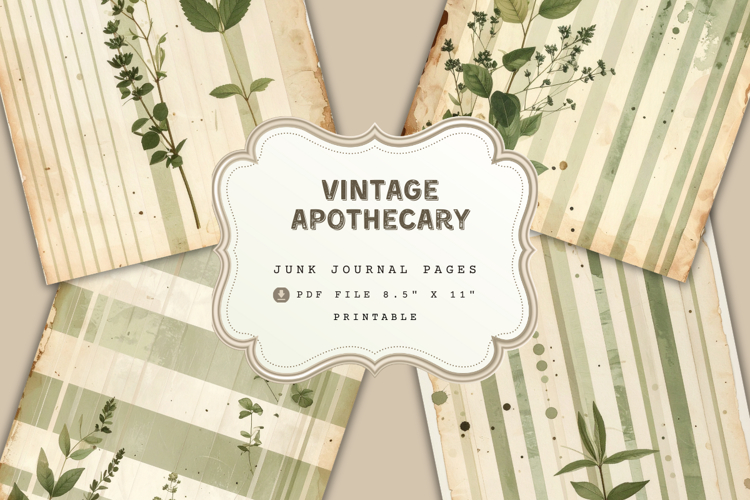 Apothecary junk journal page, Muted olive and cream striped