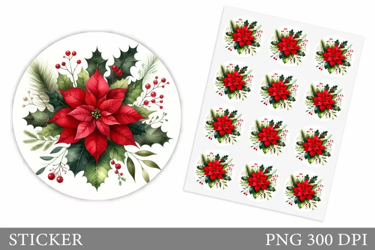 Poinsettia Sticker Design. Christmas Sticker Printable