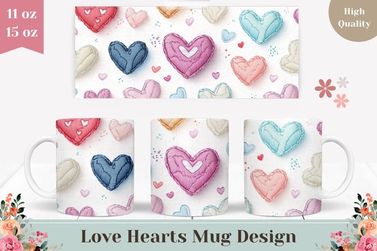 Knitted Hearts Mug Wrap Design, Pastel Hearts Mug PNG