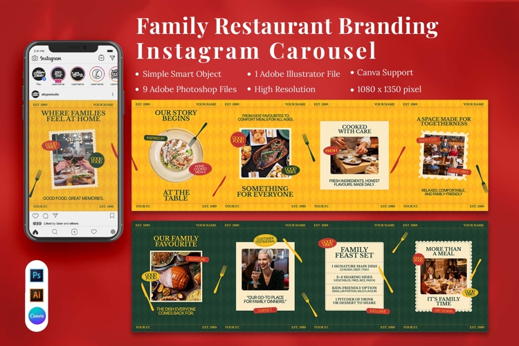 Family Restaurant Branding Instagram Carousel & Canva Templa