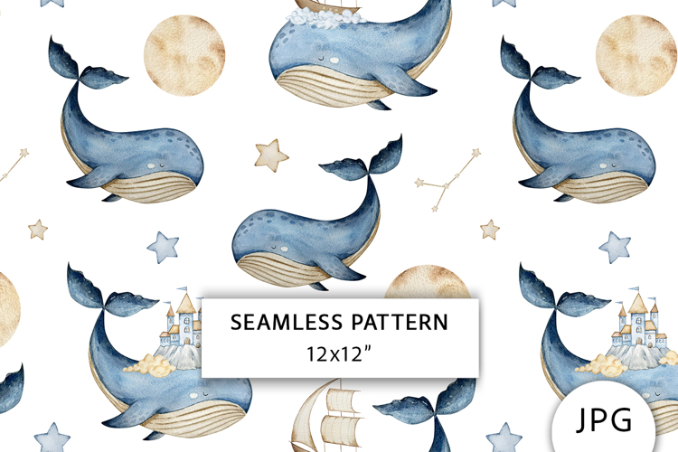 Watercolor Whale Dreams Seamless Pattern