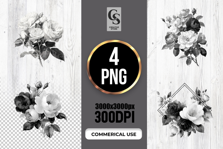 Black White Floral Bouquet Clipart Sublimation PNG