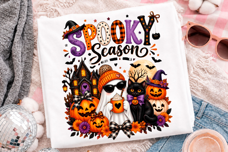 Spooky Season Halloween Cute Ghost Cat Pumpkin T-Shirt Desig