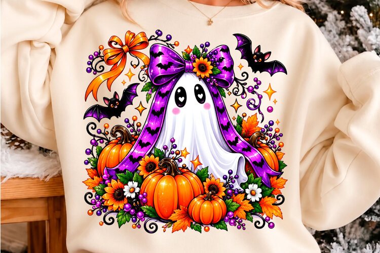 Cute Halloween Ghost Purple Bow Pumpkin PNG example image 1