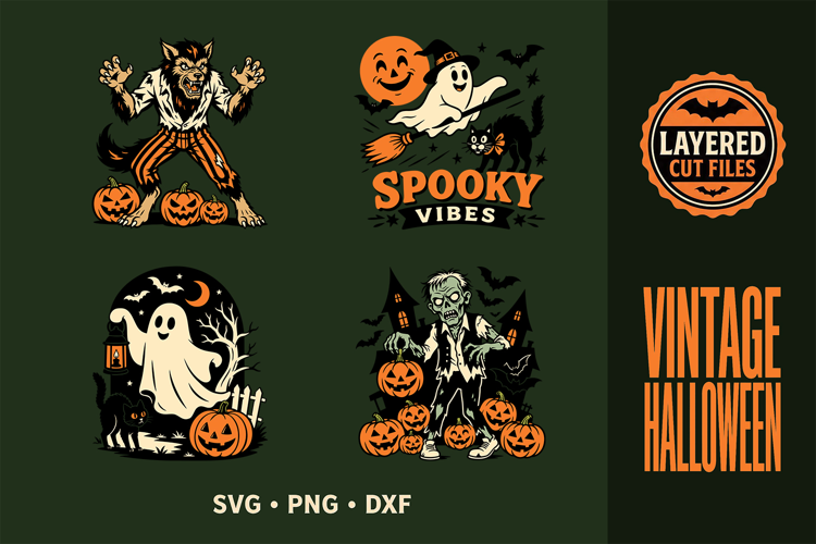 Vintage Halloween SVG, Layered Cut File, Retro Halloween PNG