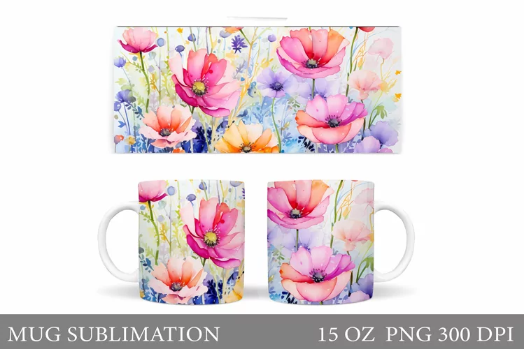 Flowers Mug Wrap Design. Wildflowers Mug Sublimation