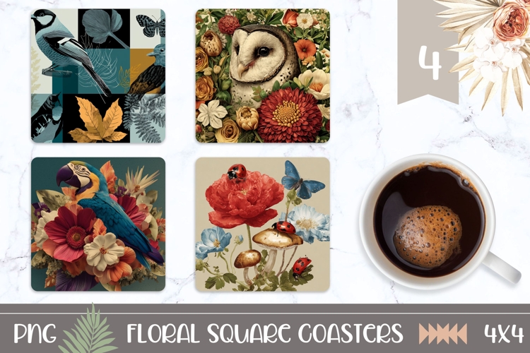Floral Square Coasters, Birds Square Coaster Template