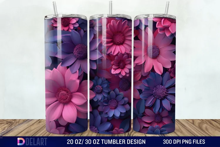 3D Fuchsia and Violet Flowers Tumbler Wrap