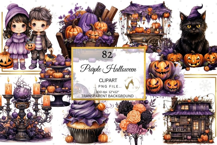 Watercolor Purple Halloween Illustrations Bundle