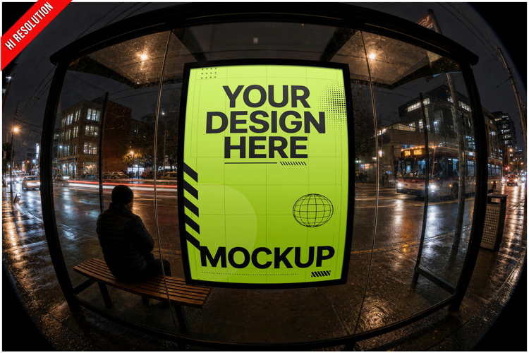 Bus Shelter Poster Rainy Street Mock