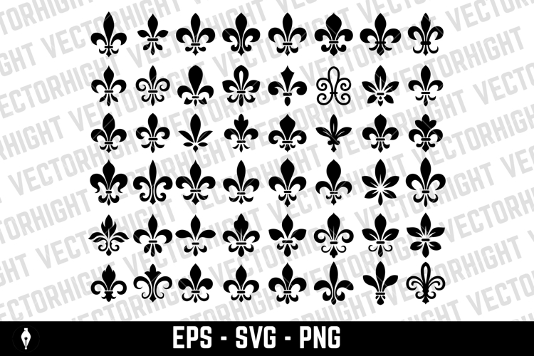 A black and white vector set of twelve fleur-de-lis icons.