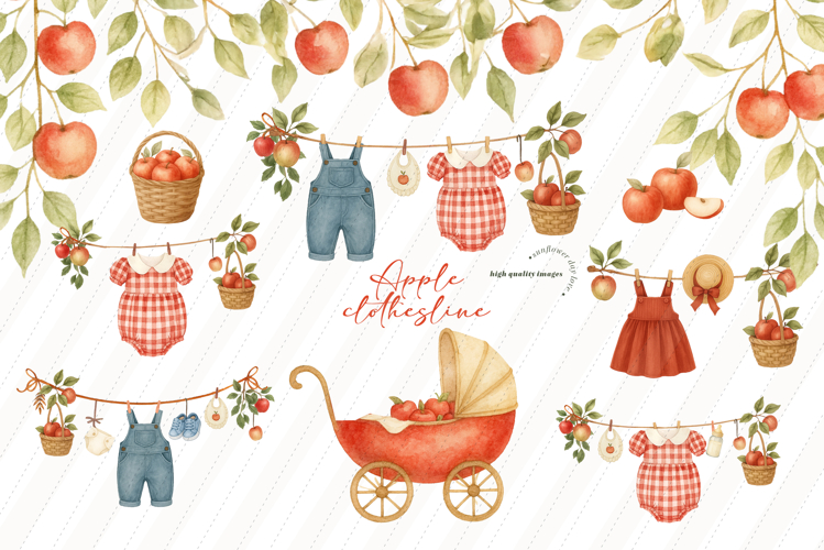 Watercolor Apple Clothesline Clipart, Autumn Red Apple