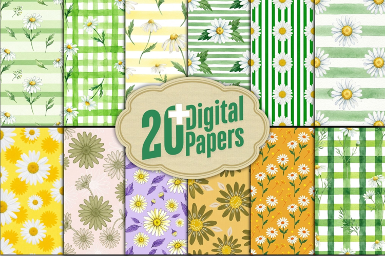 Watercolor Daisy and Gingham Digital Paper