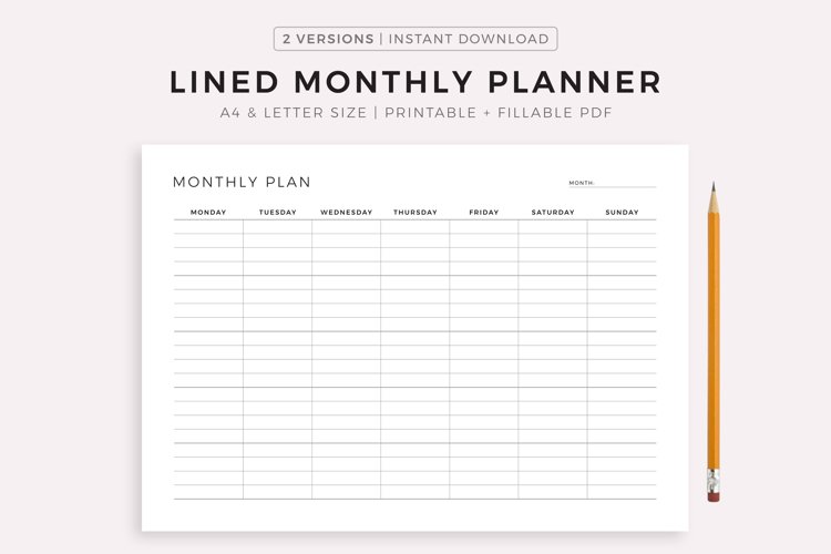 Lined Monthly Planner Printable & Fillable PDF