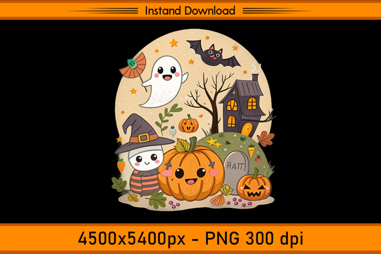 Cute Halloween Scene with Ghosts, Pumpkins, and Witch Hat