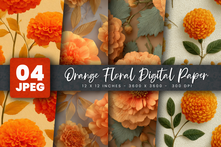 Orange Floral Digital Paper