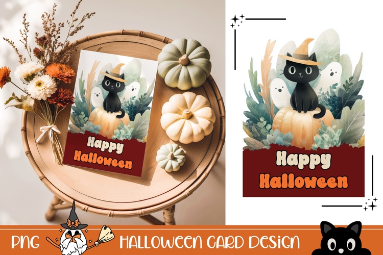 Watercolor Halloween Greeting Card, Halloween Cat Wall Art