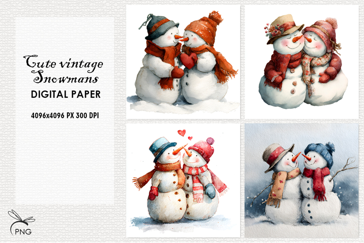 Cute vintage Snowmans digital paper, background clipart