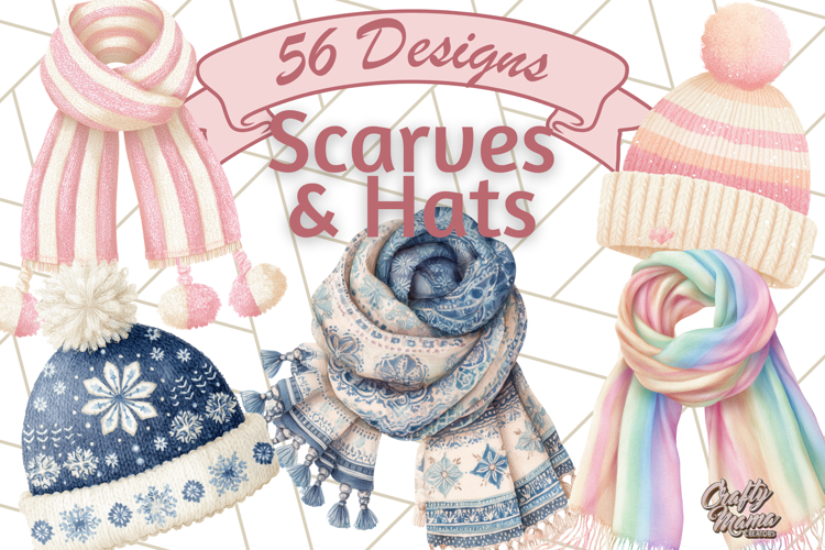 Watercolor Winter Hats and Scarves Clipart PNG
