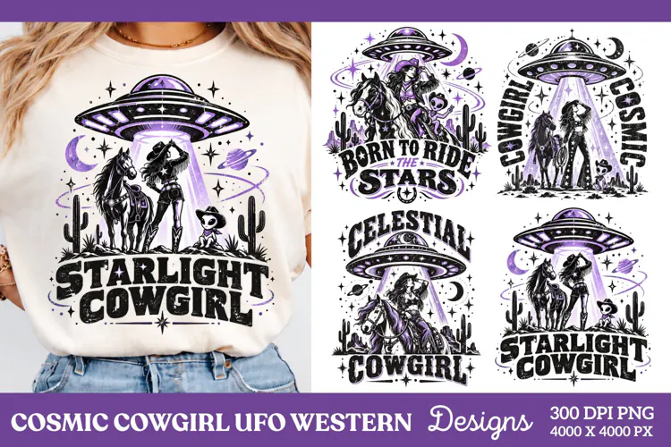 Starlight Cowgirl UFO Western PNG, Cosmic Cowgirl Alien Rode