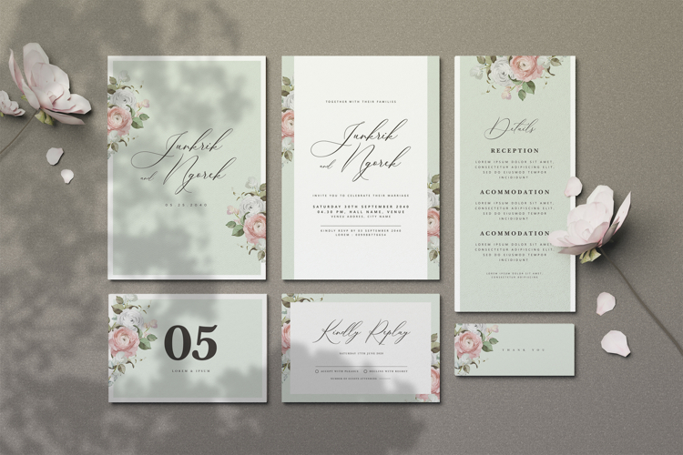 beautiful wedding card invitation set with roses flower