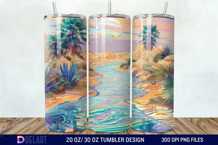 3D Tranquil Desert Oasis Stained Glass Tumbler Wrap