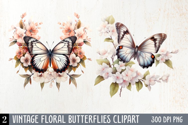 Vintage Floral Butterflies Clipart, butterflies Clipart example image 1