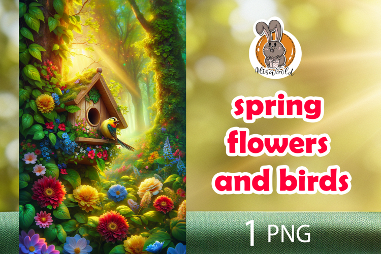 spring flowers, bird, birdhouse