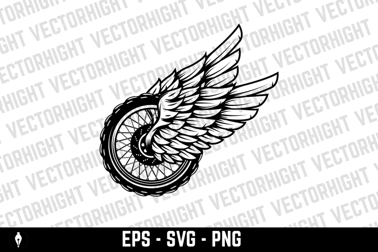 Black and white winged wheel illustration isolated on white