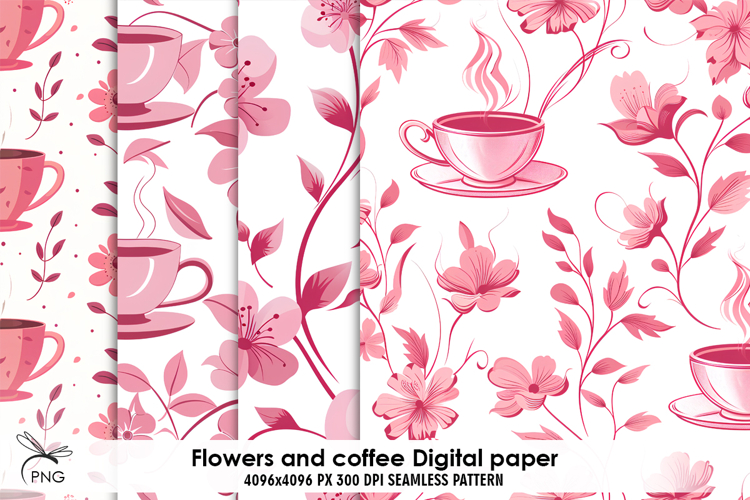 Flowers and coffee digital paper, background clipart