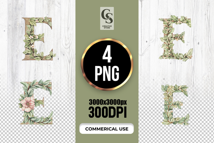Floral Letter E Watercolor Monogram Clipart Sublimation PNG