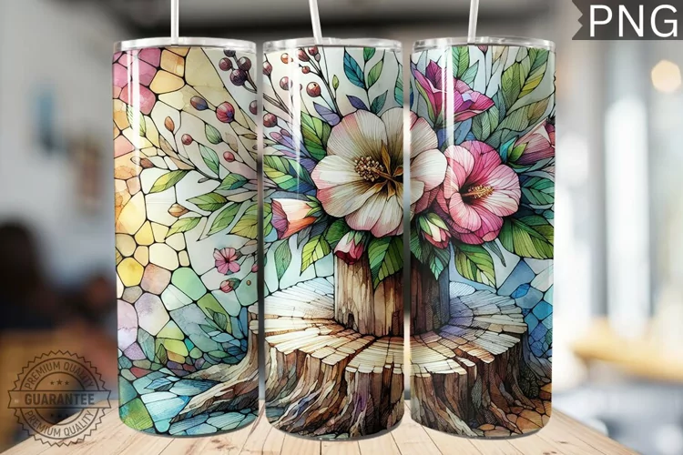 Watercolor Flower Wooden Stump Tumbler - High Quality 3Dpi